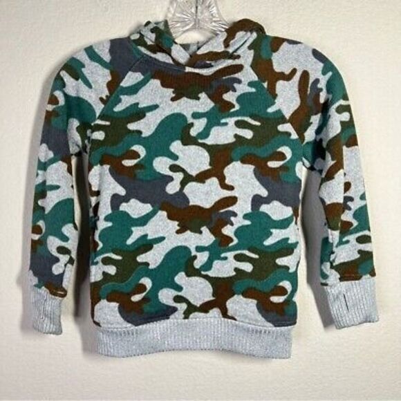 Gymboree Boys Camo‎ Fleece Hoodie Sweater Size S 5-6 Gray & Green Ribbed Knit - Picture 1 of 8